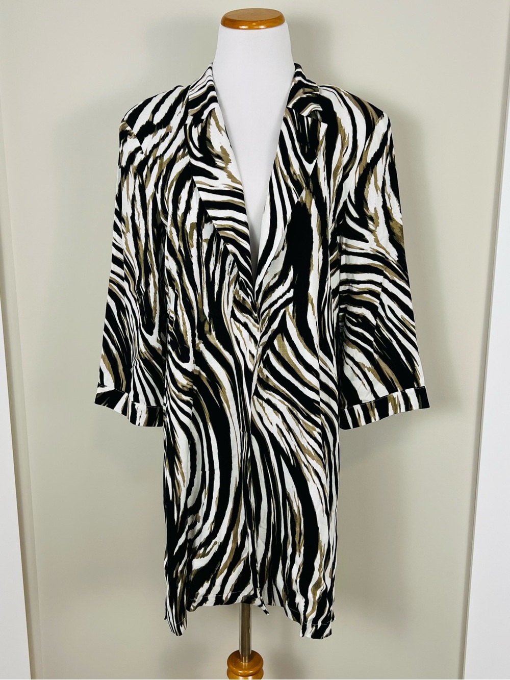 Joseph Ribkoff Zebra-Print Open-Front Duster in Black, White & Olive